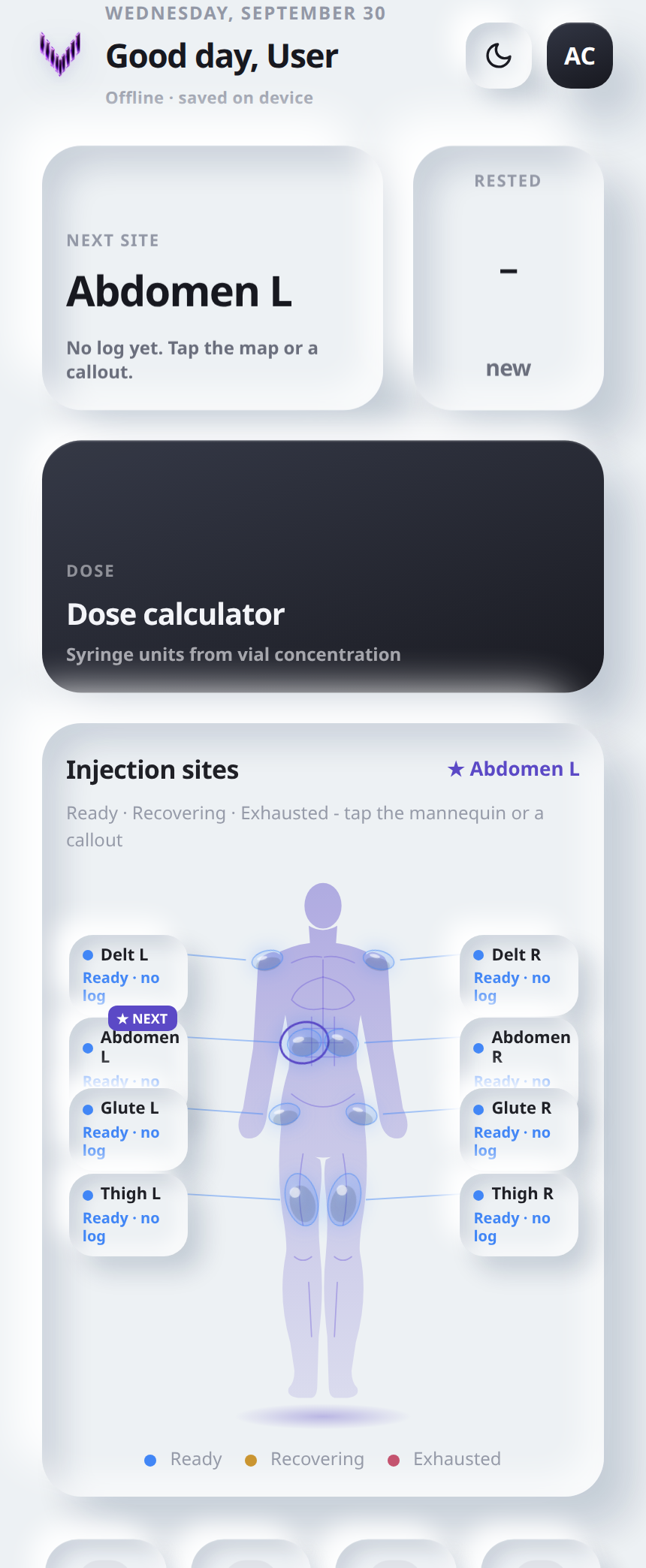 Peptide page on a phone: next site, dose calculator, and the injection map