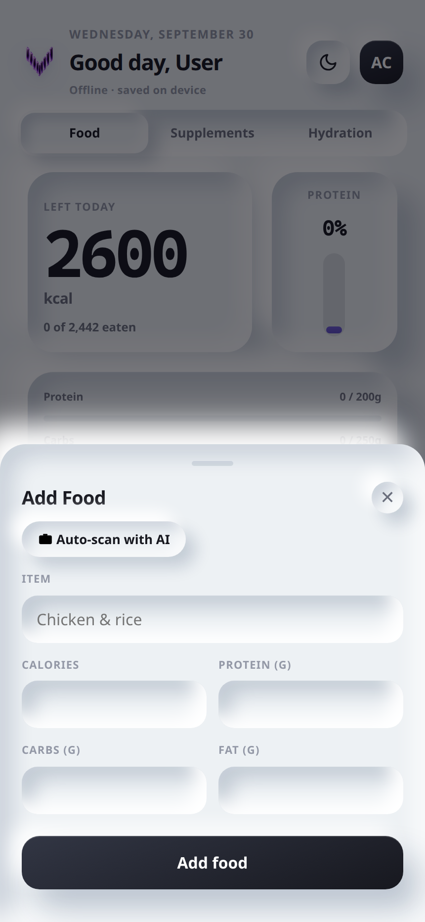 Add food sheet on a phone, with Auto-scan with AI